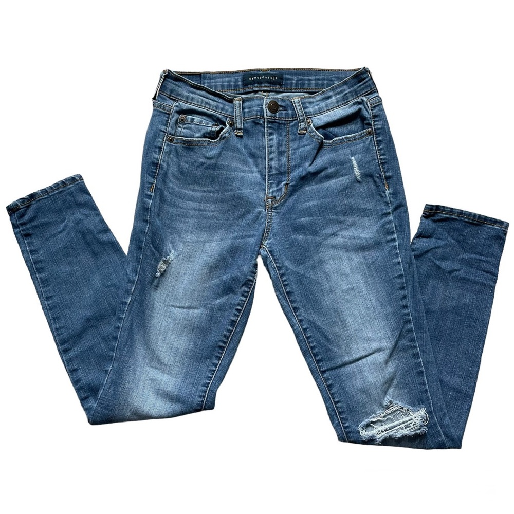 Aeropostale Solid Blue Denim Distressed Stretchy Jegging Jeans